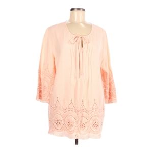 Rose & Rhyme Linen Embroidered‎ Eyelet Tunic Shirt Size L Boho Tie Neck Peach
